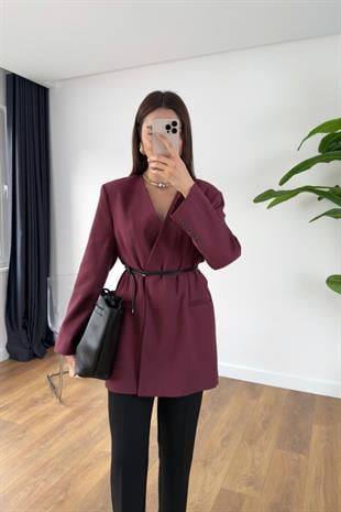 Meslan Bordo Kruvaze Yaka Kemerli Blazer Ceket