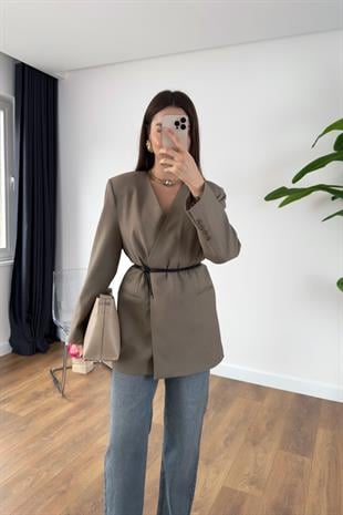 Meslan Haki Kruvaze Yaka Kemerli Blazer Ceket