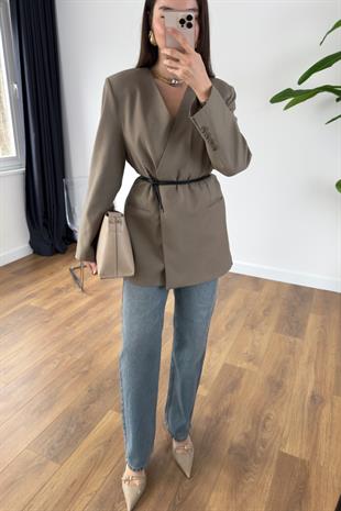 Meslan Haki Kruvaze Yaka Kemerli Blazer Ceket