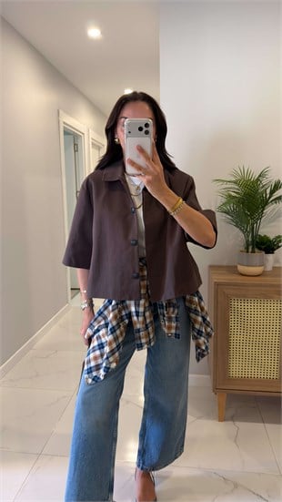 Milasa Kahve Oversize Crop Ceket