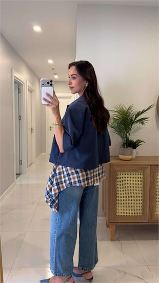 Milasa Lacivert Oversize Crop Ceket
