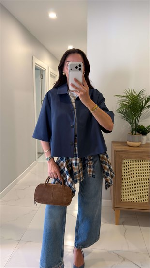 Milasa Lacivert Oversize Crop Ceket