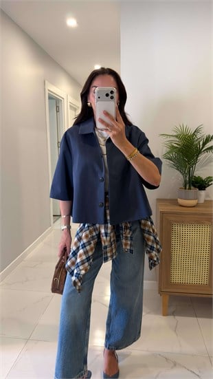 Milasa Lacivert Oversize Crop Ceket