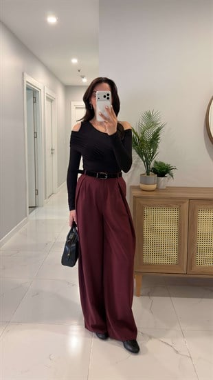 Milda Bordo Kruvaze Pile Kemerli Pantolon