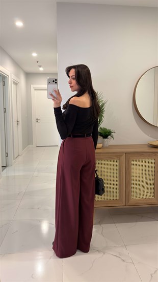 Milda Bordo Kruvaze Pile Kemerli Pantolon