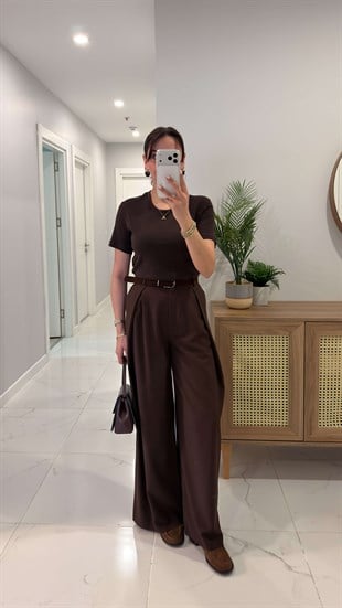 Milda Kahve Kruvaze Pile Kemerli Pantolon