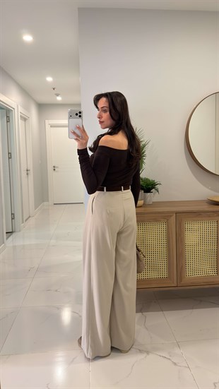 Milda Taş Kruvaze Pile Kemerli Pantolon