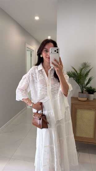 Milena Ekru Kısa Kollu İşlemeli İthal Gömlek