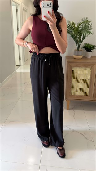 Milina Siyah Kordonlu Bol Paça Pantolon