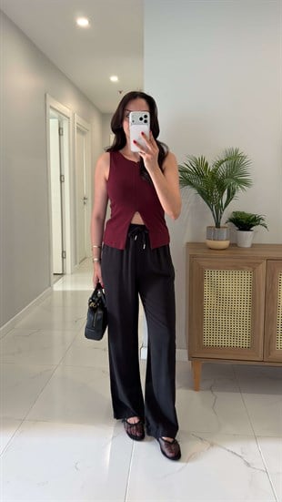 Milina Siyah Kordonlu Bol Paça Pantolon
