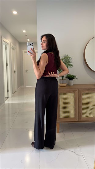 Milina Siyah Kordonlu Bol Paça Pantolon
