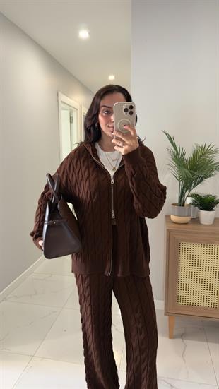 Millas Kahve Fermuarlı Örme Pantolon Takım