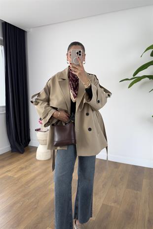 Mimosa Camel Kuşaklı Kısa Premium Trençkot