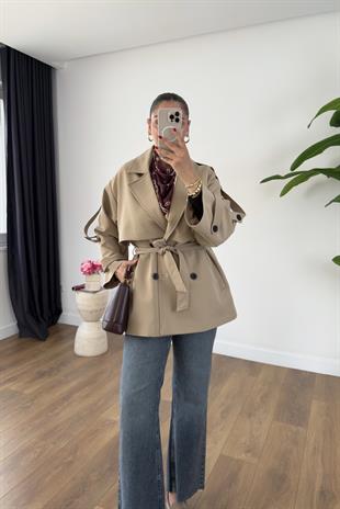 Mimosa Camel Kuşaklı Kısa Premium Trençkot