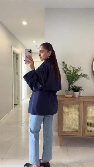 Mimosa Lacivert Kuşaklı Kısa Premium Trençkot