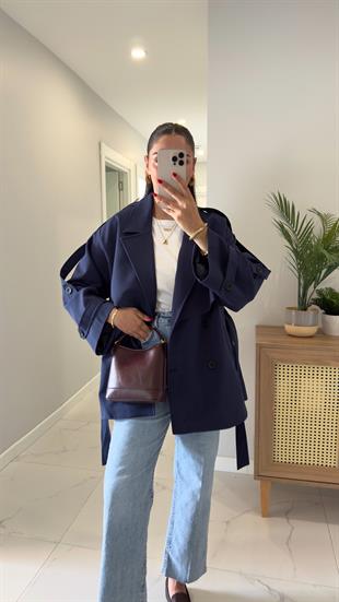 Mimosa Lacivert Kuşaklı Kısa Premium Trençkot