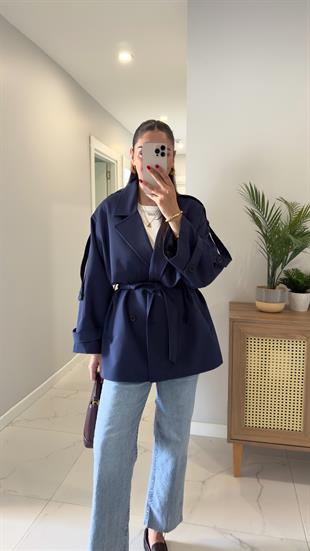 Mimosa Lacivert Kuşaklı Kısa Premium Trençkot