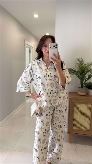 Minola Bej Nakış İşleme Detaylı Keten Gömlek Pantolon Takım