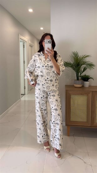 Minola Bej Nakış İşleme Detaylı Keten Gömlek Pantolon Takım