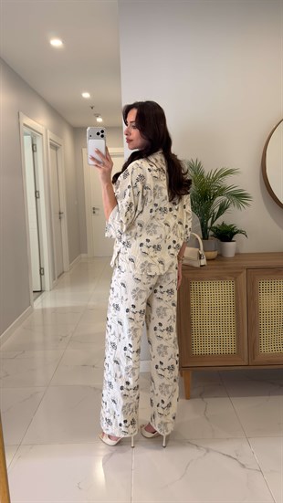 Minola Bej Nakış İşleme Detaylı Keten Gömlek Pantolon Takım
