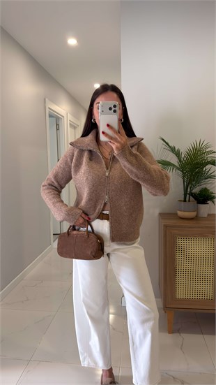 Miolla Camel Çift Fermuarlı Hırka