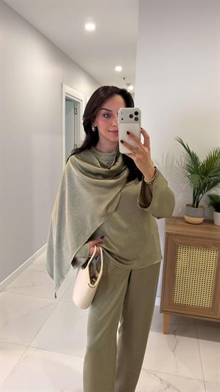 Miossa Haki Saten Şallı Bluz Pantolon Takım