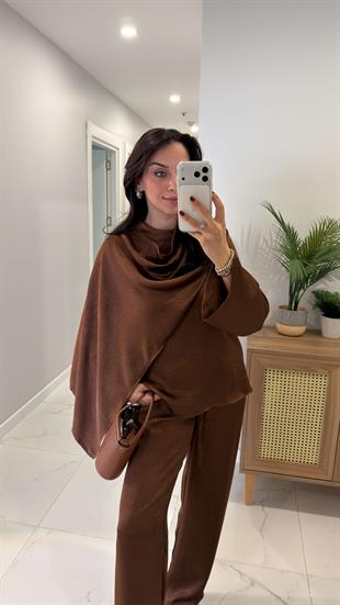 Miossa Kahve Saten Şallı Bluz Pantolon Takım