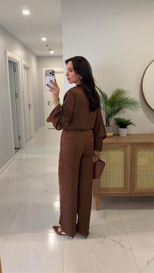 Miossa Kahve Saten Şallı Bluz Pantolon Takım
