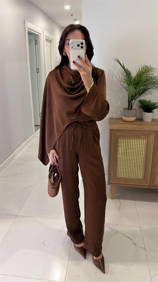 Miossa Kahve Saten Şallı Bluz Pantolon Takım