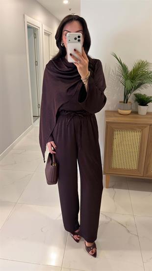 Miossa Mürdüm Saten Şallı Bluz Pantolon Takım