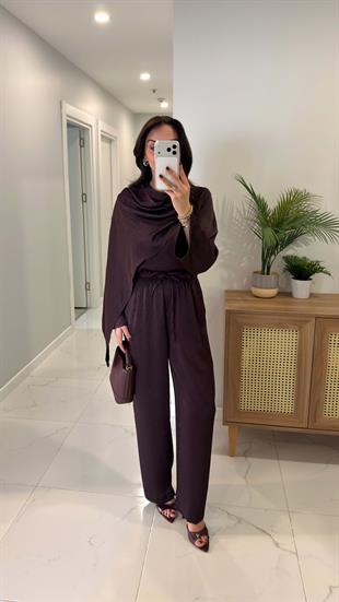 Miossa Mürdüm Saten Şallı Bluz Pantolon Takım