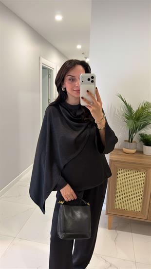 Miossa Siyah Saten Şallı Bluz Pantolon Takım