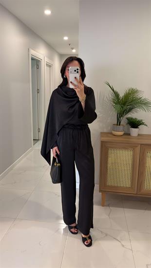 Miossa Siyah Saten Şallı Bluz Pantolon Takım
