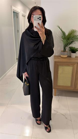 Miossa Siyah Saten Şallı Bluz Pantolon Takım