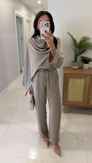 Miossa Vizon Saten Şallı Bluz Pantolon Takım