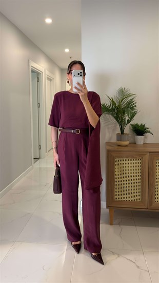 Mirana Bordo Vatkalı Şal Bluz Pantolon Takım