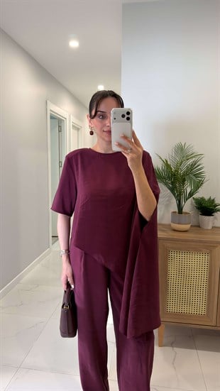 Mirana Bordo Vatkalı Şal Bluz Pantolon Takım