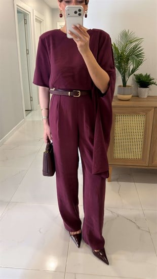 Mirana Bordo Vatkalı Şal Bluz Pantolon Takım
