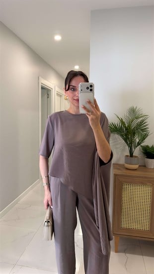 Mirana Gri Vatkalı Şal Bluz Pantolon Takım