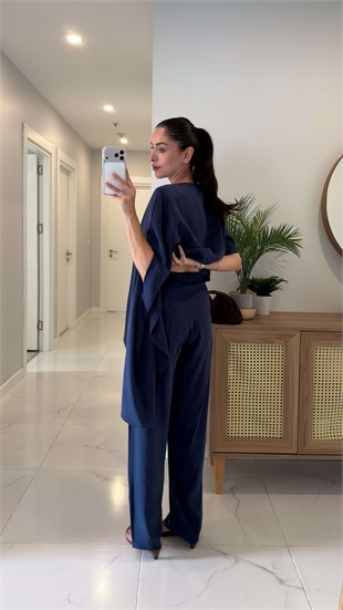 Mirana Lacivert Vatkalı Şal Bluz Pantolon Takım