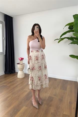 Misa Ekru Pembe Çiçekli Astarlı Piliseli Midi Boy Etek