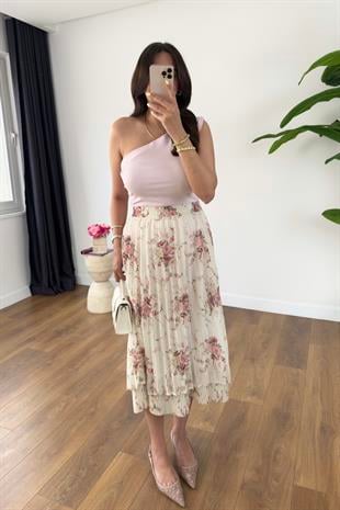 Misa Ekru Pembe Çiçekli Astarlı Piliseli Midi Boy Etek