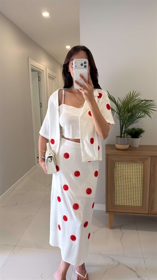 Misra Ekru Nakışlı Crop Gömlek Etek Takım