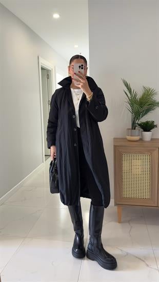 Mocha Siyah Uzun Şişme Mont