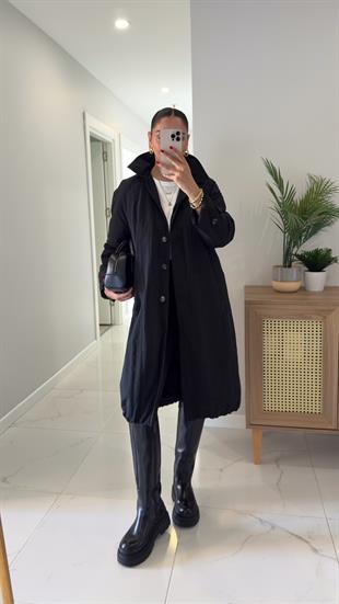 Mocha Siyah Uzun Şişme Mont