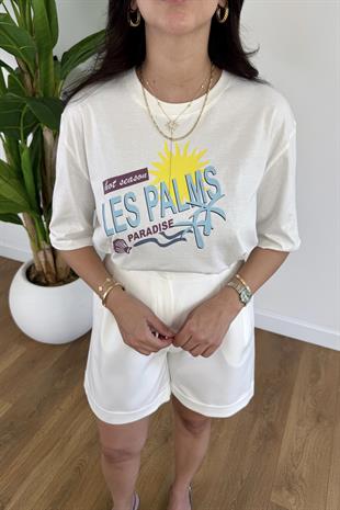 Moi Kırık Beyaz Les Palms Baskılı Tişört