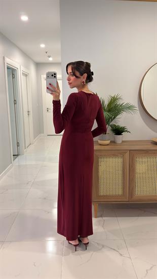 Mokka Bordo Bel Detaylı Elbise