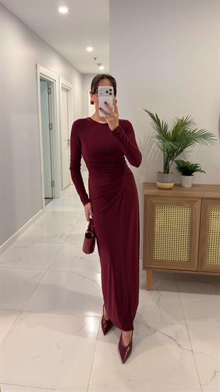 Mokka Bordo Bel Detaylı Elbise