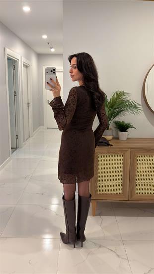 Mollasa Kahve Desenli Tül Elbise