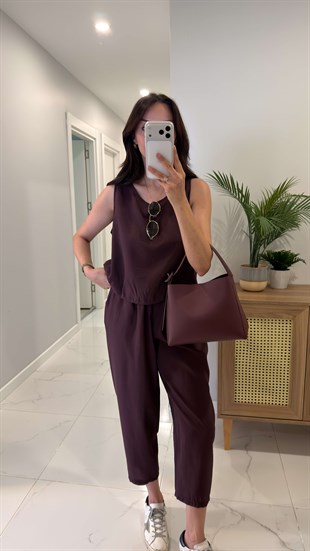 Mone Bordo Tensel Kolsuz Bluz Pantolon Takım
